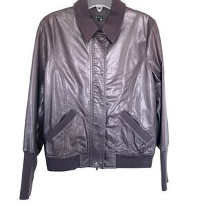 Theory Leather Full Zip Seam Sealed Bomber Jacket Brown Womens Size Large